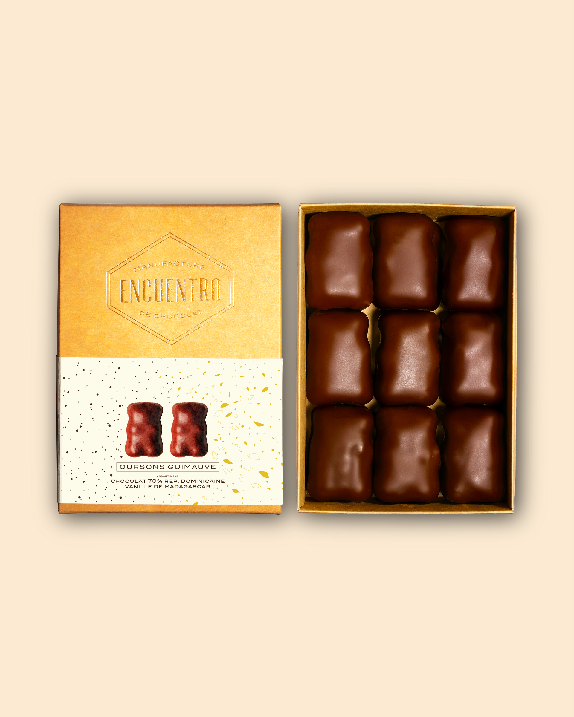 Assortiment d'Oursons guimauve Vanille & Chocolat - boîte 18 oursons enrobés de chocolat 70% Pérou
