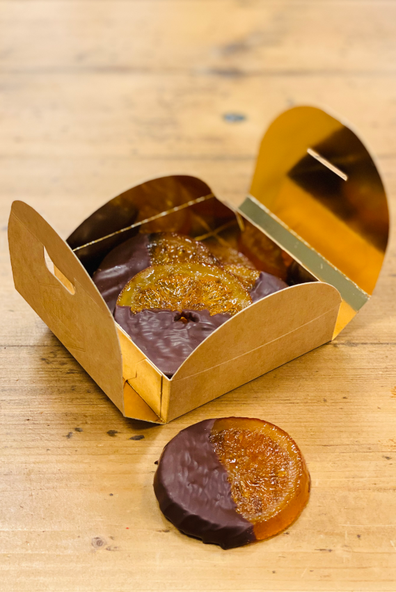 Tranches d'orange confites bio enrobées de chocolat - 4 pièces